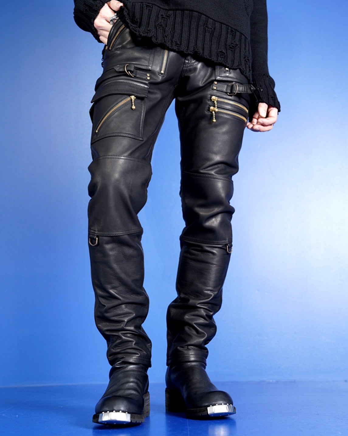 blackmeans(ブラックミーンズ)-BACK ZIP LEATHER TAPERED PANTS with MULTI  POCKET-Amanojak.