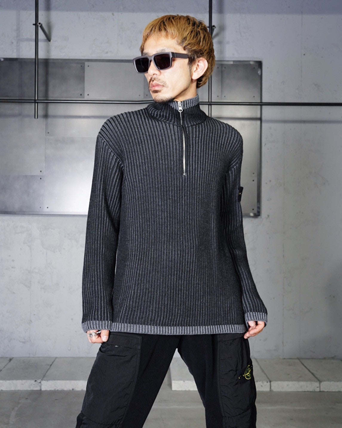 STONE ISLAND】 CONTRAST KNITTING HALF ZIP SWEATER -Amanojak.